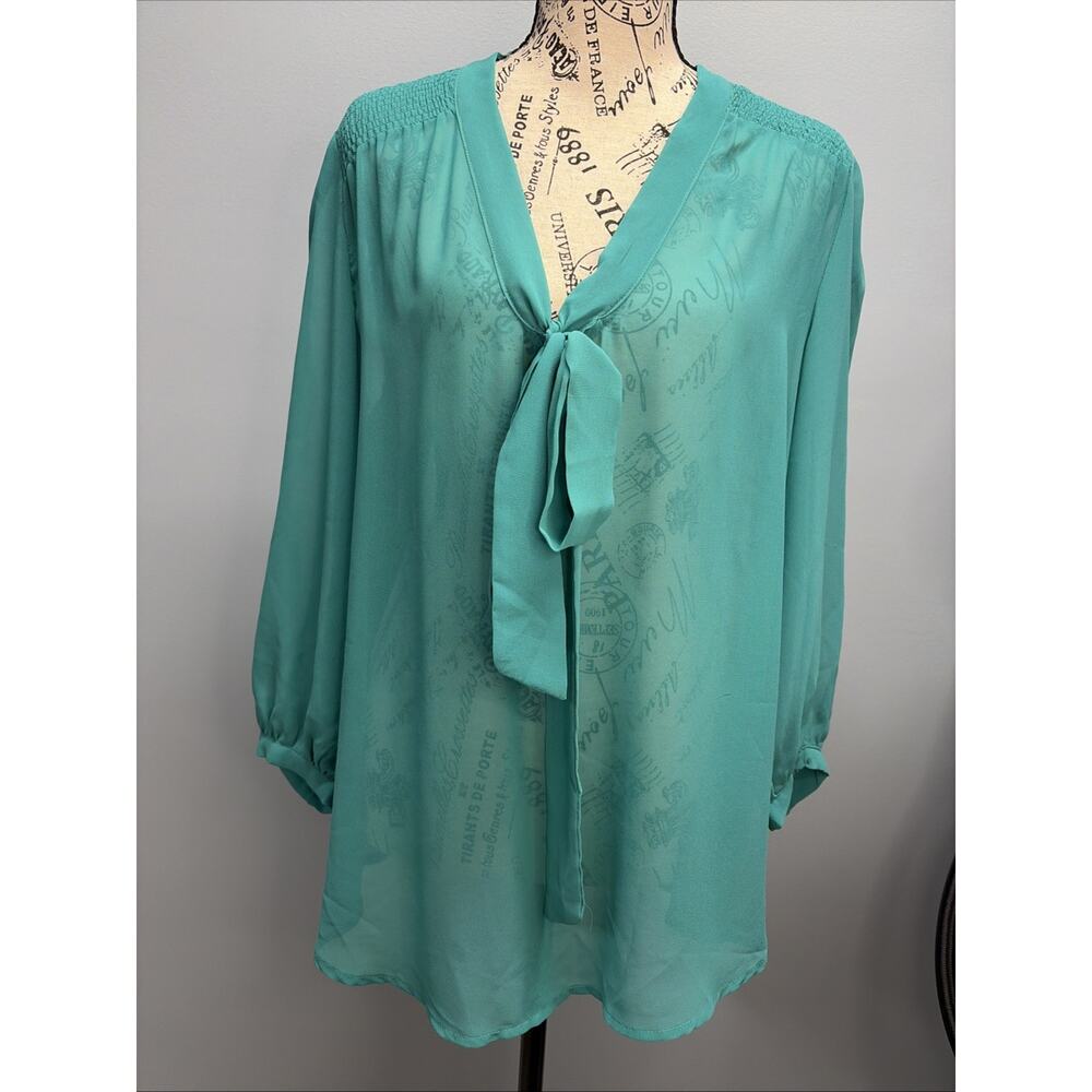 FOREVER 21 Women’s Size Large - Long Sleeve Semi-Sheer Blouse w/Front Tie & Lace